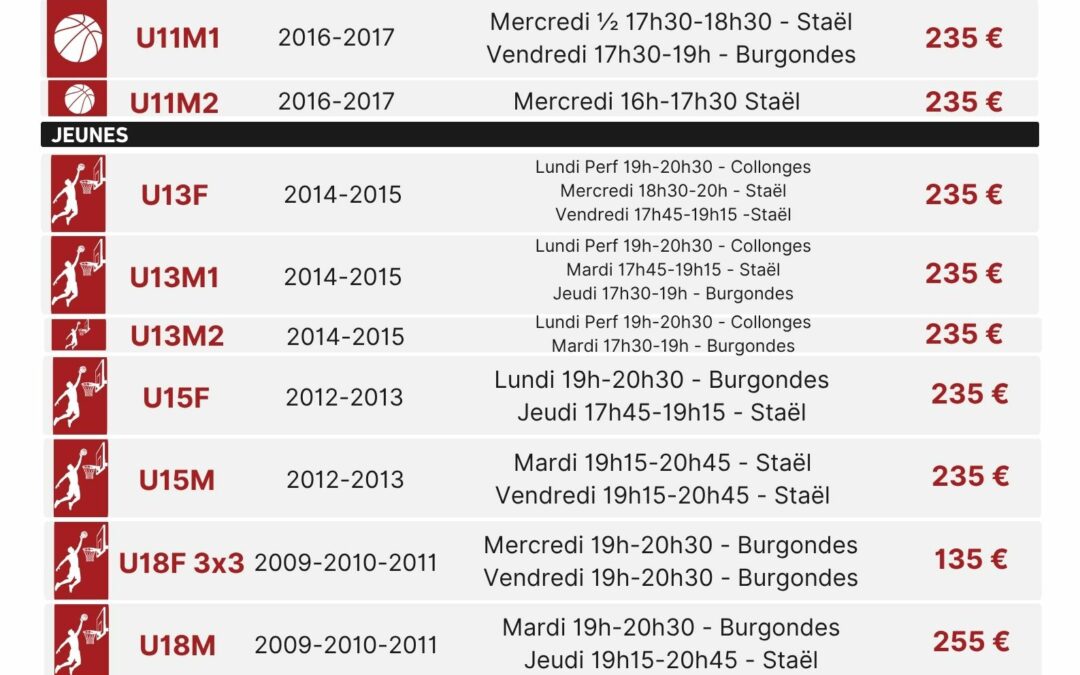 Les plannings d&rsquo;entraînements 2026-2027 sont disponibles !