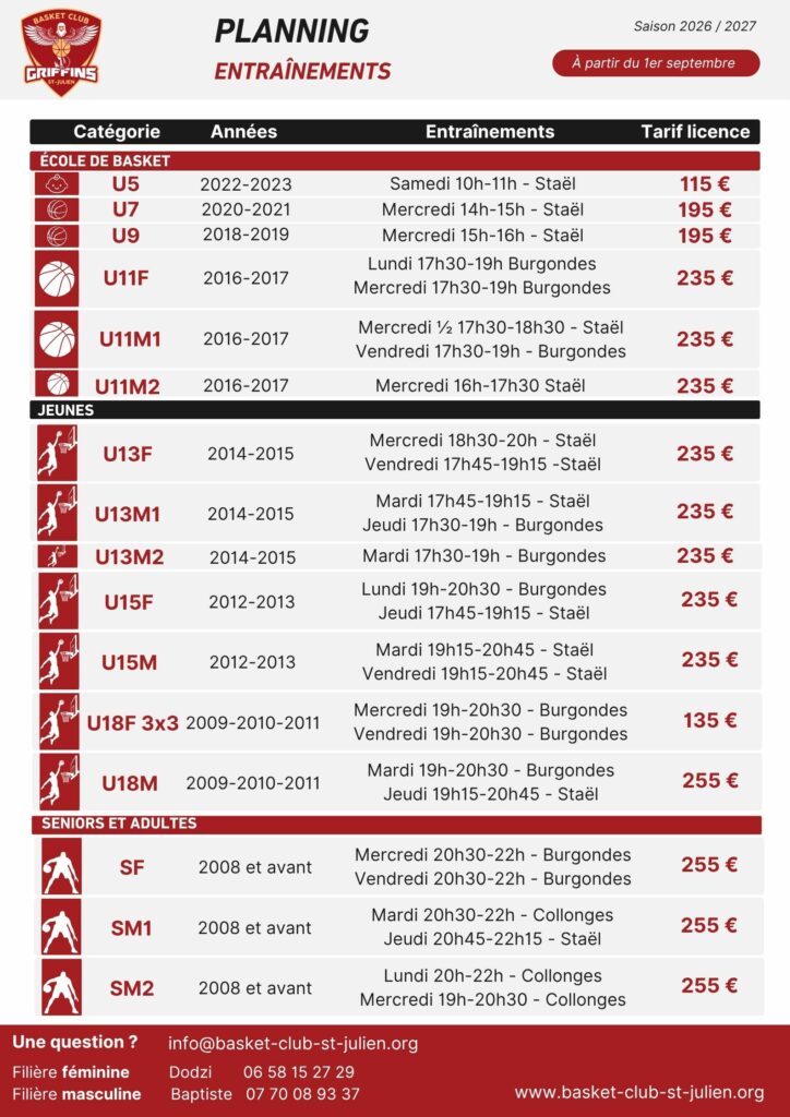 Les plannings d’entraînements 2026-2027 sont disponibles !
